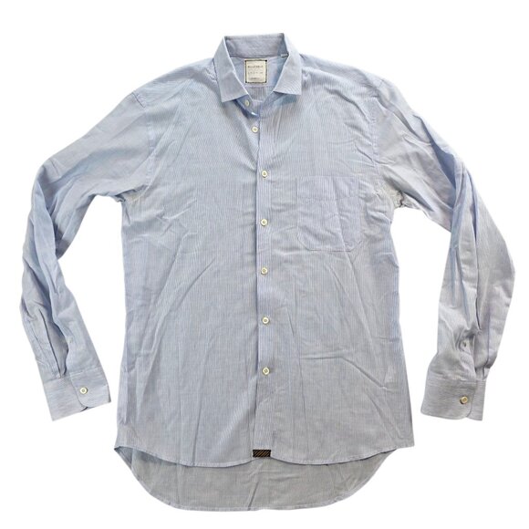 Billy Reid Linen Cotton Blend Button Front Shirt Blue White Stripe Standard Fit - Picture 1 of 9